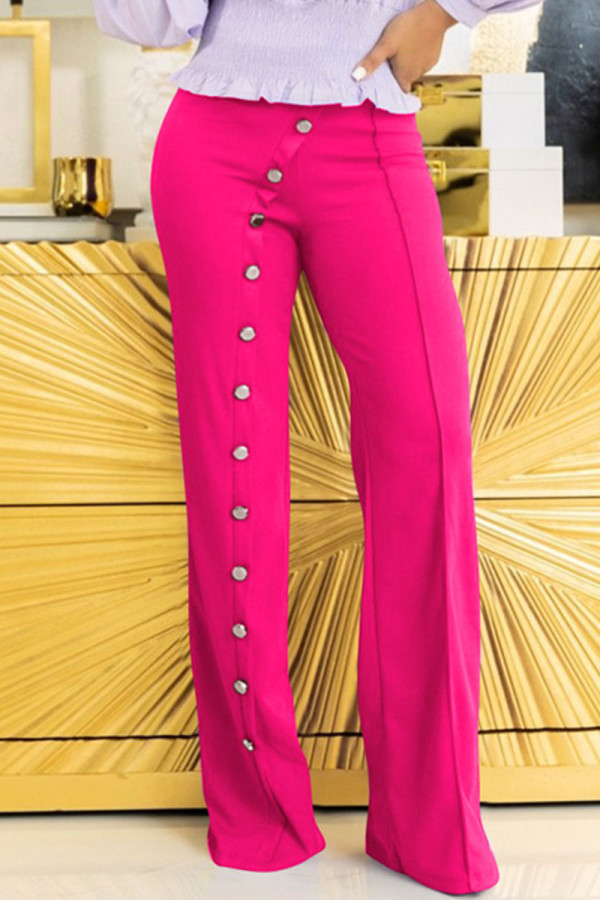 Rose Red Casual Solid Patchwork Buttons Straight High Waist Straight Solid Color Bottoms