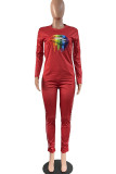 Red Casual Print Patchwork Beading O Neck Long Sleeve Two Pieces