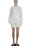White Casual Solid Patchwork O Neck Straight Rompers
