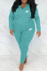 Baby Blue Fashion Casual Letter Embroidered Hooded Collar Long Sleeve Two Pieces