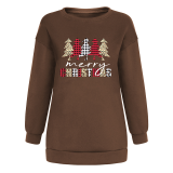 Coffee Casual Christmas Tree Printed Split Joint O Neck Tops