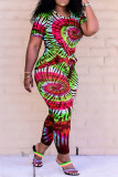 Red Fashion Casual Tie Dye Printing O Neck Short Sleeve Two Pieces