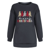 Black Casual Christmas Tree Printed Split Joint O Neck Tops