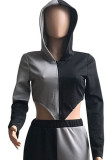 Black Gray Casual Sportswear Solid Patchwork Asymmetrical Zipper Hooded Collar Long Sleeve Two Pieces