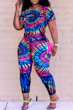 Red Fashion Casual Tie Dye Printing O Neck Short Sleeve Two Pieces