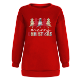 Coffee Casual Christmas Tree Printed Split Joint O Neck Tops