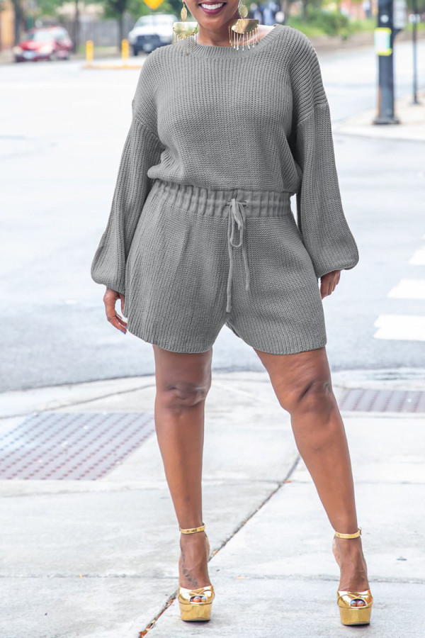 Grey Casual Solid Patchwork O Neck Straight Rompers