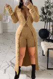 Beige Casual Solid Patchwork Buckle Turndown Collar Long Sleeve Two Pieces