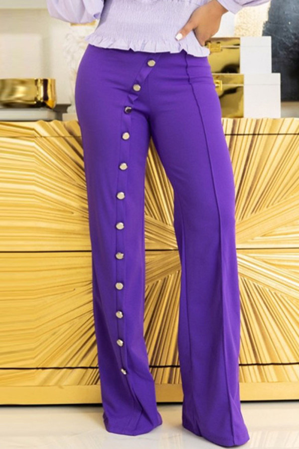 Purple Casual Solid Patchwork Buttons Straight High Waist Straight Solid Color Bottoms