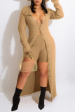 Beige Casual Solid Patchwork Buckle Turndown Collar Long Sleeve Two Pieces