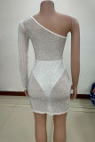Pink Sexy Patchwork Hot Drilling See-through Backless Long Sleeve Dresses
