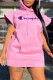 Pink Fashion Street Print Letter Hooded Collar One Step Skirt Dresses