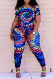 Red Fashion Casual Tie Dye Printing O Neck Short Sleeve Two Pieces