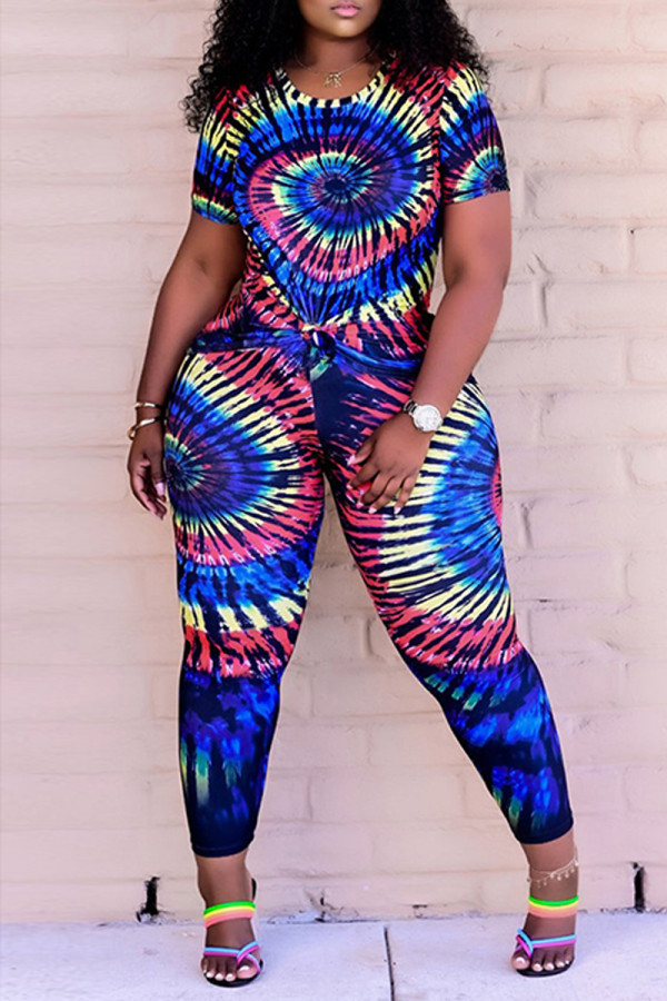 Blue Yellow Fashion Casual Tie Dye Printing O Neck Short Sleeve Two Pieces