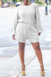 White Casual Solid Patchwork O Neck Straight Rompers