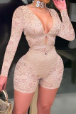 Rose Red Sexy Solid Lace Hollowed Out Fold V Neck Regular Rompers