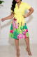 Yellow Fashion Casual Print With Belt Turndown Collar Short Sleeve Dress