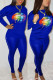 Blue Casual Print Patchwork Beading O Neck Long Sleeve Two Pieces