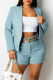 Light Blue Fashion Casual Solid Cardigan Turndown Collar Long Sleeve Two Pieces