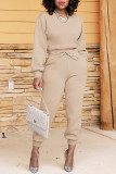 Khaki Fashion Casual Solid Basic O Neck Long Sleeve Two Pieces