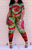 Red Fashion Casual Tie Dye Printing O Neck Short Sleeve Two Pieces