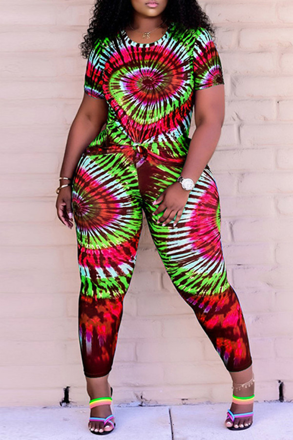 Red Fashion Casual Tie Dye Printing O Neck Short Sleeve Two Pieces
