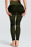 Army Green Casual Sportswear Patchwork Hollowed Out High Waist Skinny Trousers