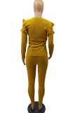 Yellow Street Solid O Neck Long Sleeve Two Pieces