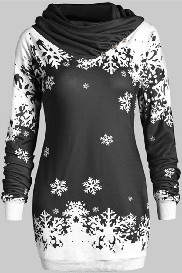 Black Party Print Snowflakes Patchwork Half A Turtleneck Straight Dresses