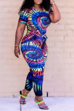 Red Fashion Casual Tie Dye Printing O Neck Short Sleeve Two Pieces