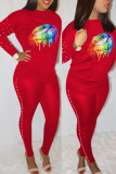 Red Casual Print Patchwork Beading O Neck Long Sleeve Two Pieces