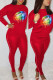 Red Casual Print Patchwork Beading O Neck Long Sleeve Two Pieces