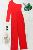 Red Fashion Sexy Patchwork Hot Drilling Backless Oblique Collar Regular Jumpsuits