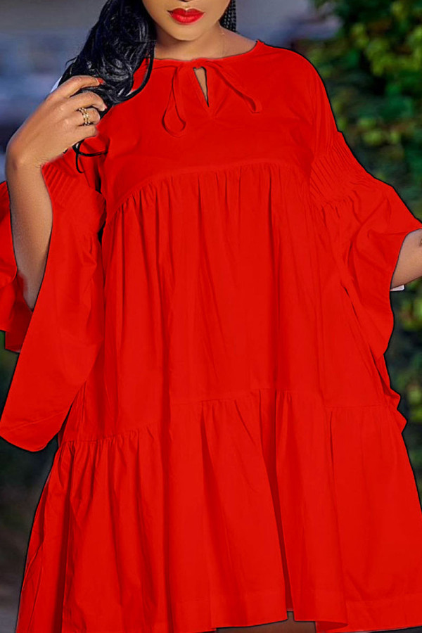 Red Casual Sweet Solid Patchwork Frenulum Fold V Neck A Line Dresses