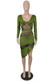 Green Fashion Sexy Patchwork See-through Backless V Neck Long Sleeve Dresses