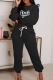 Black Casual Print Draw String O Neck Long Sleeve Two Pieces
