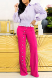 Purple Casual Solid Patchwork Buttons Straight High Waist Straight Solid Color Bottoms