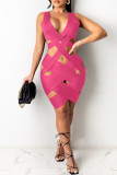 Pink Sexy Patchwork Solid Hollowed Out V Neck Asymmetrical Dresses