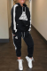 Black Casual Print Draw String Hooded Collar Long Sleeve Two Pieces