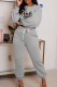 Grey Casual Print Draw String O Neck Long Sleeve Two Pieces