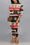 Red Green Fashion Casual Print Basic O Neck Long Sleeve Two Pieces
