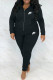 Black Fashion Casual Letter Embroidered Hooded Collar Long Sleeve Two Pieces