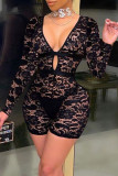 Rose Red Sexy Solid Lace Hollowed Out Fold V Neck Regular Rompers