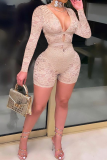 Rose Red Sexy Solid Lace Hollowed Out Fold V Neck Regular Rompers