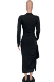 Black Fashion Casual Solid Split Joint Fold O Neck Long Sleeve Dresses