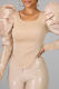 Khaki Street Solid Patchwork O Neck Tops