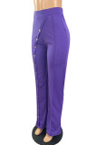 Purple Casual Solid Patchwork Buttons Straight High Waist Straight Solid Color Bottoms