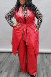 Red Fashion Casual Solid Bandage Turndown Collar Plus Size Two Pieces