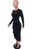 White Fashion Casual Solid Split Joint Fold O Neck Long Sleeve Dresses