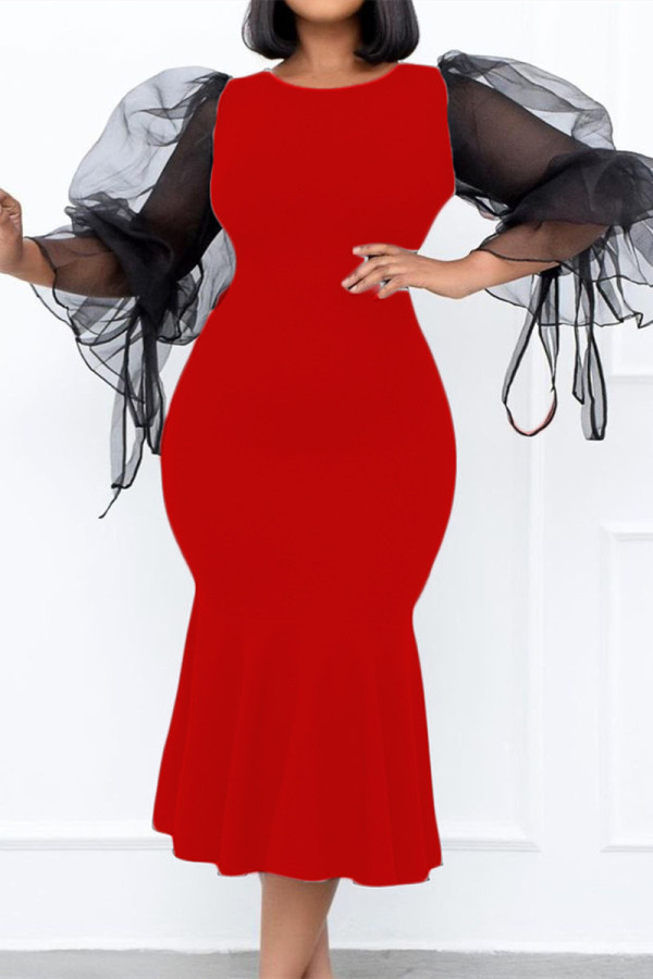 Red Fashion Casual Solid Split Joint O Neck Pencil Skirt Dresses